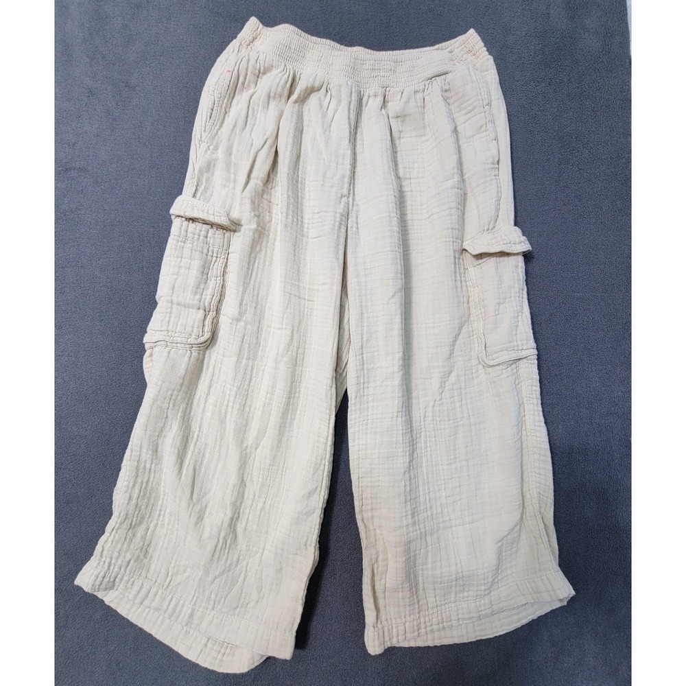 Aerie Cream Cotton Gauze Cargo Pant Smocked Waist Beige Women Large Linen Pants